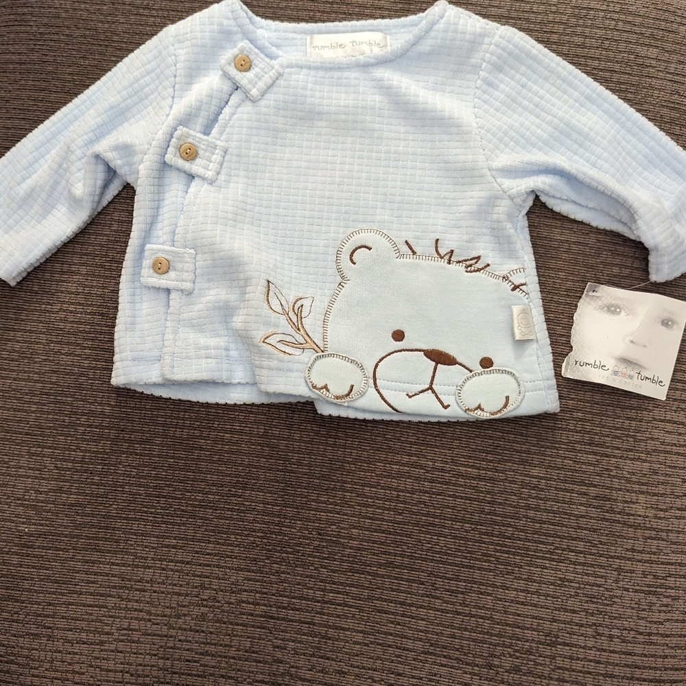 3/$30.  Rumble Tumble button up sweater with applique bear. Size 0-3 mts
